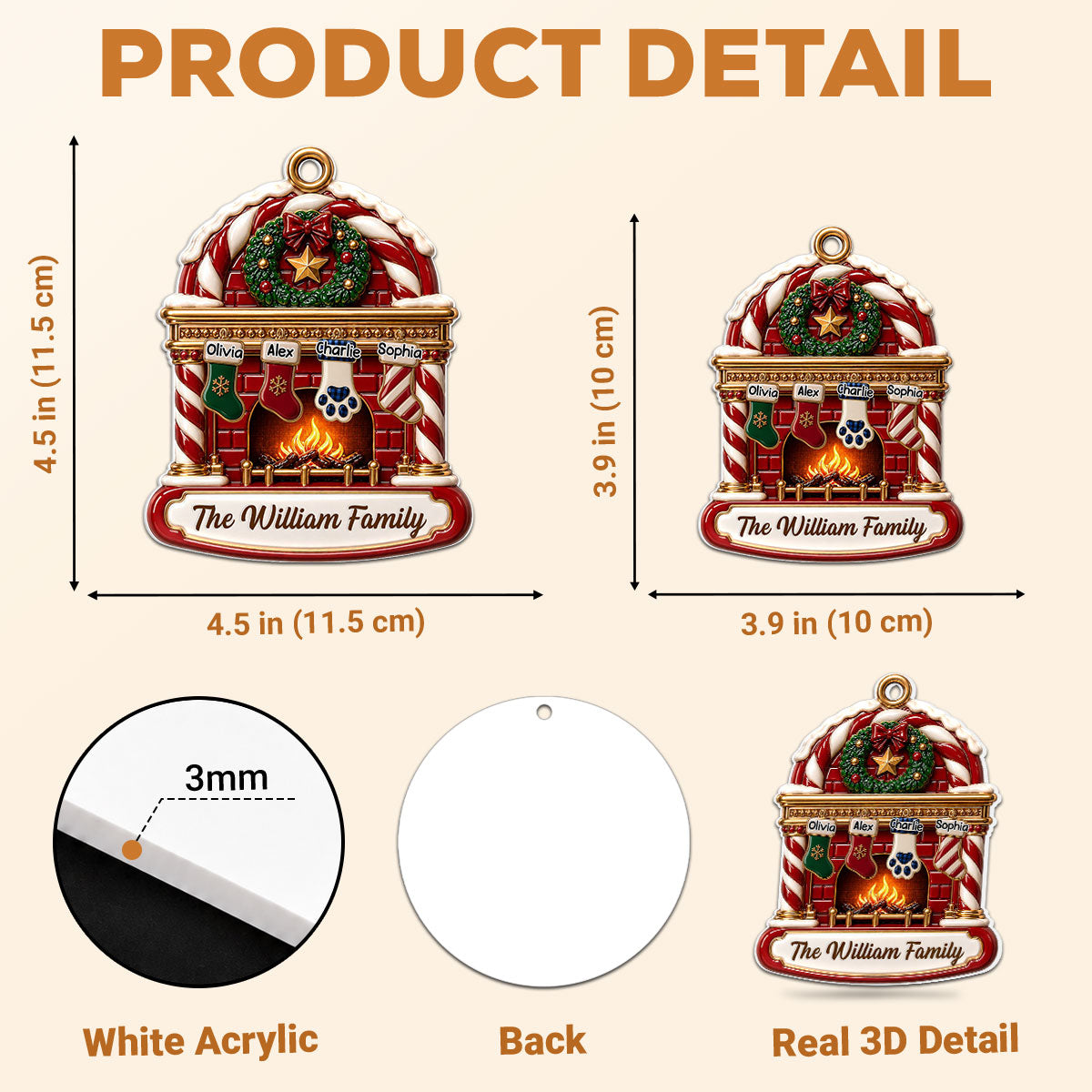 Custom Family Ornament, Christmas Gift for Family Members •  Family Fireplace - Personalized 3D White Acrylic Ornament
