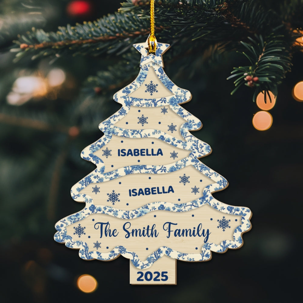 Custom Keepsake Christmas Ornament •  Family Names Christmas Tree Toile De Jouy - Personalized Wood Ornament