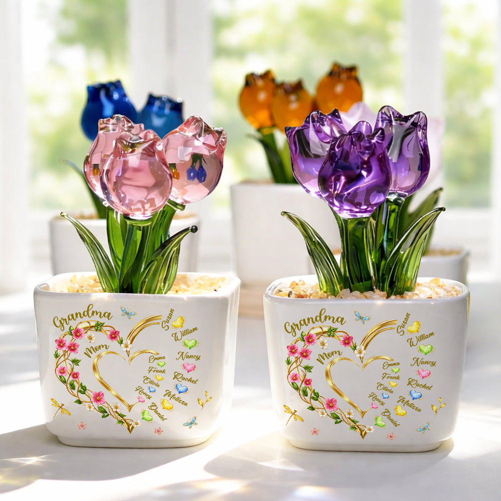 Custom Mother's Day Flower Keepsake, Glass Home Decor Gift for Grandma • Grandma Heart Keepsake - Personalized Glass Everlasting Tulips
