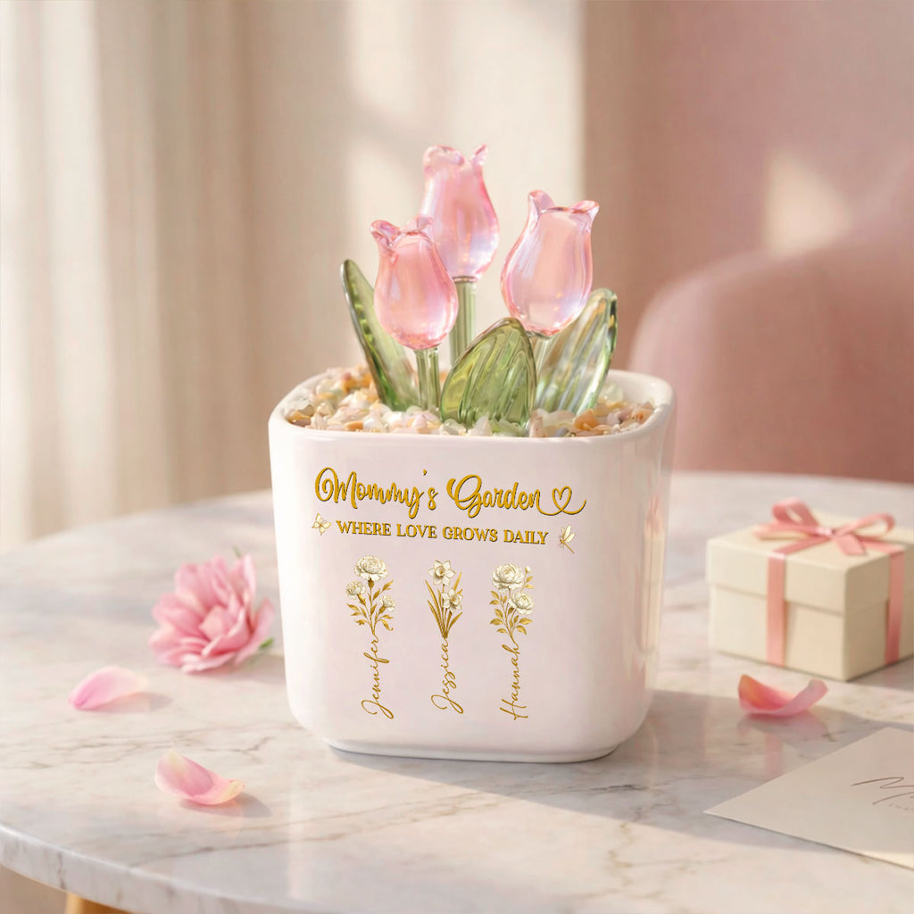 Custom Flower Keepsake, Glass Home Decor Gift for Mom • Blooming Bonds - Personalized Glass Everlasting Tulips
