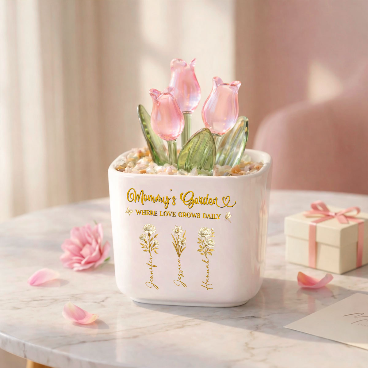 Custom Flower Keepsake, Glass Home Decor Gift for Mom • Blooming Bonds - Personalized Glass Everlasting Tulips