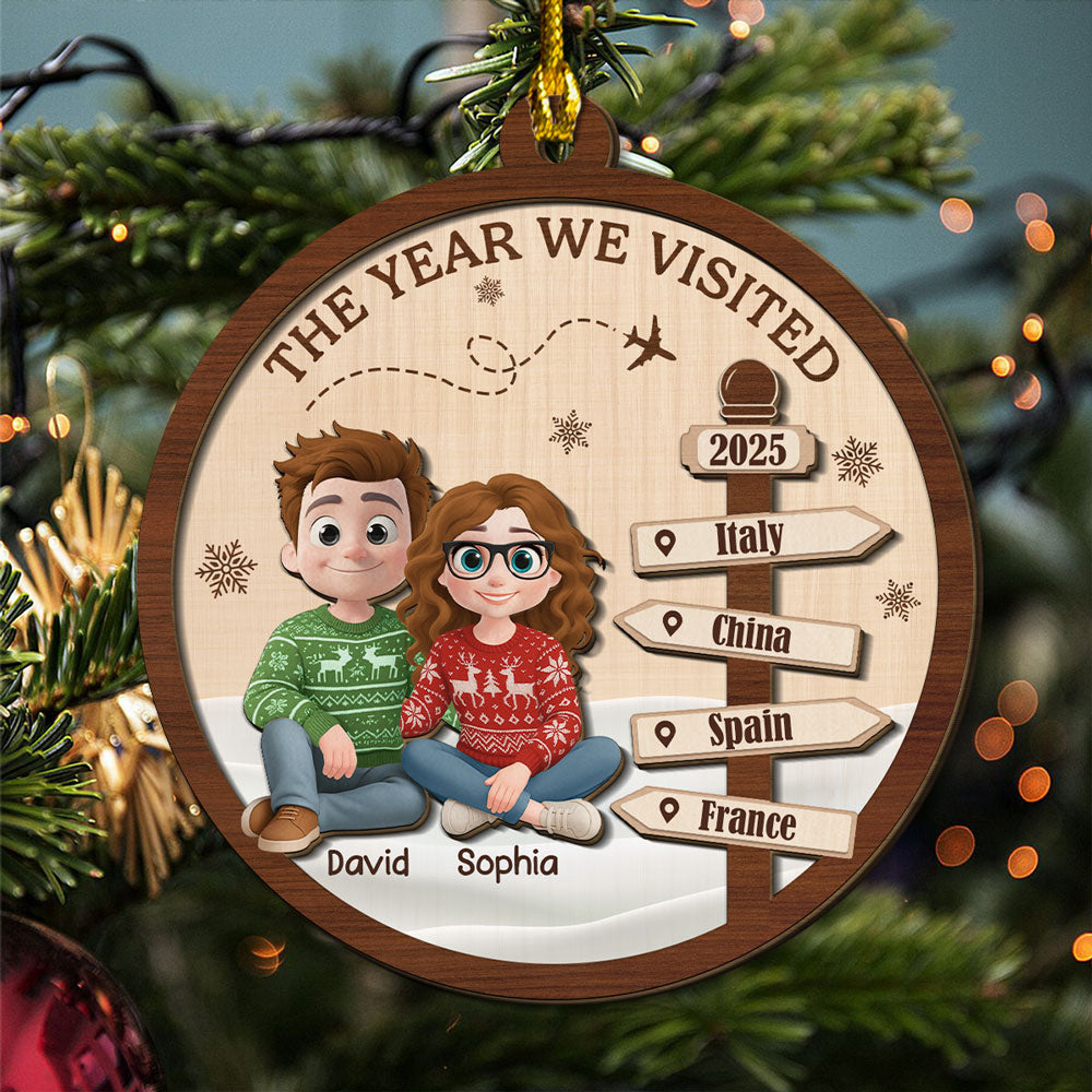 Custom Couple Christmas Ornament, Anniversary Gift •  Visit The World Together - Personalized 2-Layered Wood Ornament