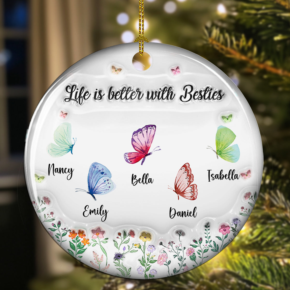 Custom Friendship Christmas Ornament, Best Friend Gift •  Butterfly Besties Forever - Personalized 3D Inflated Effect Ceramic Ornament