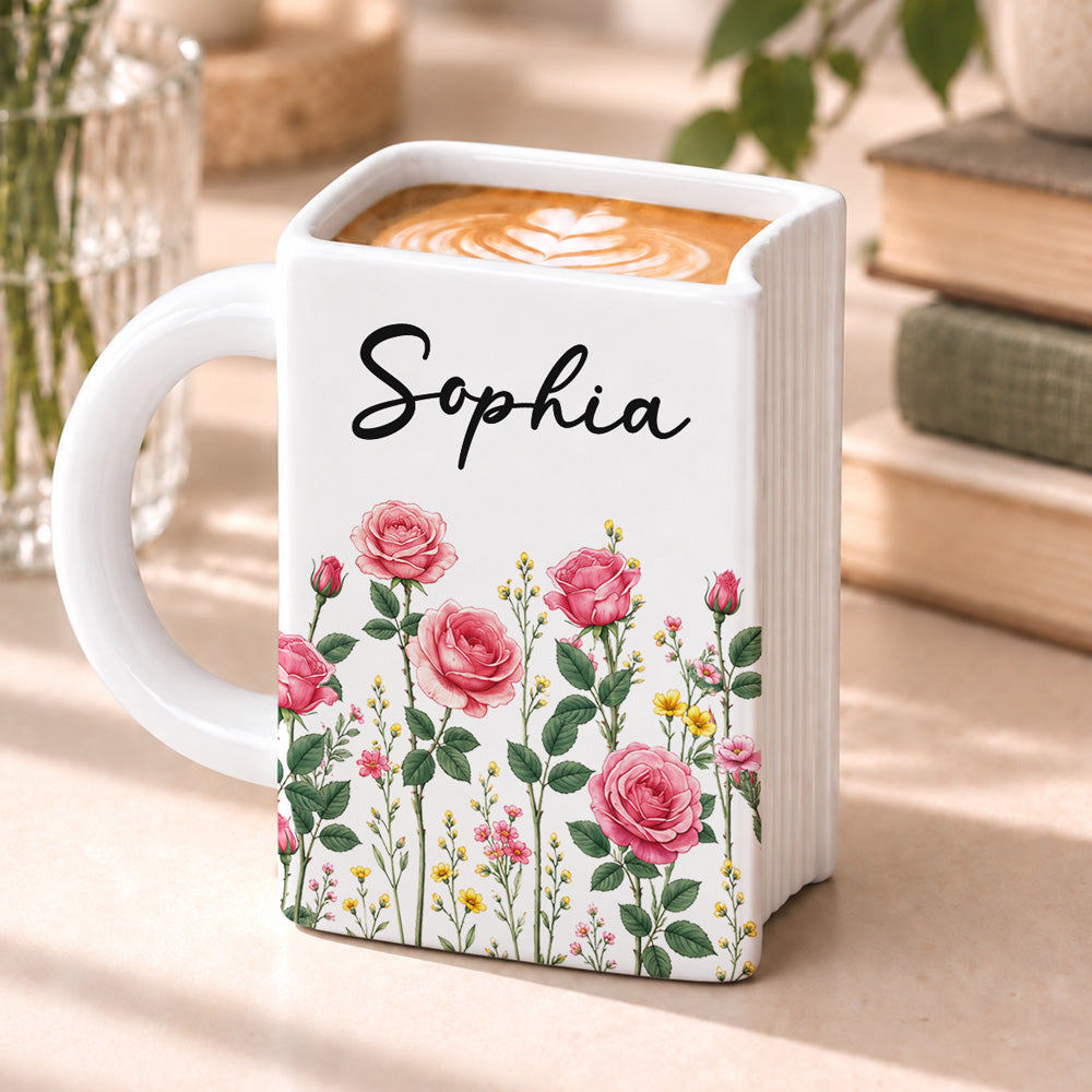 Custom Birth Flower & Name For Friends, Book Lovers, Bookworms, Readers • A Cozy Cup For Readers - Personalized Book Shaped Mug