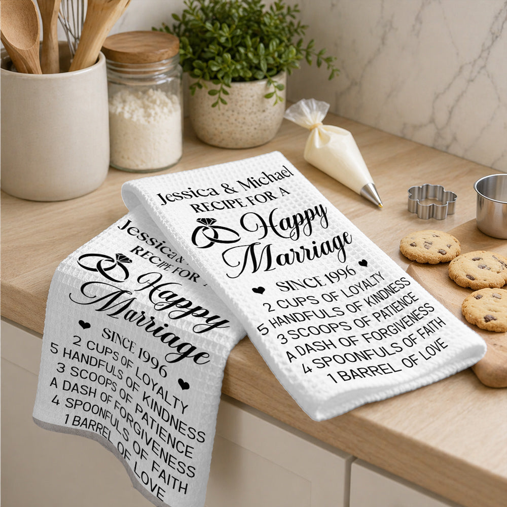 Custom Name Kitchen Towel, Birthday Anniversary Housewarming Gift For Couple • Love Is Our Secret Ingredient - Personalized Kitchen Towel