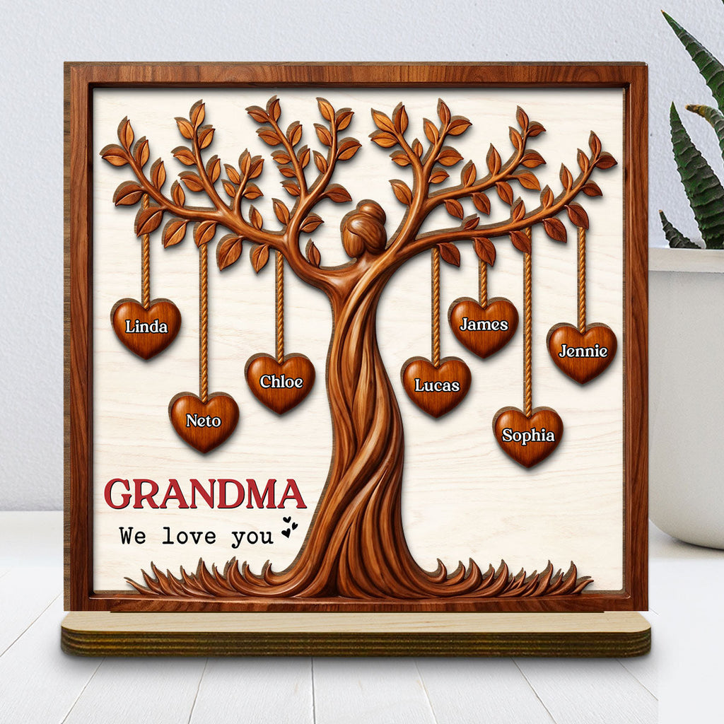 Custom Mother's Day Decor, Gift for Mom & Grandma • Hearts Tree - Personalized 2-Layer Wood Plaque With Flat Base