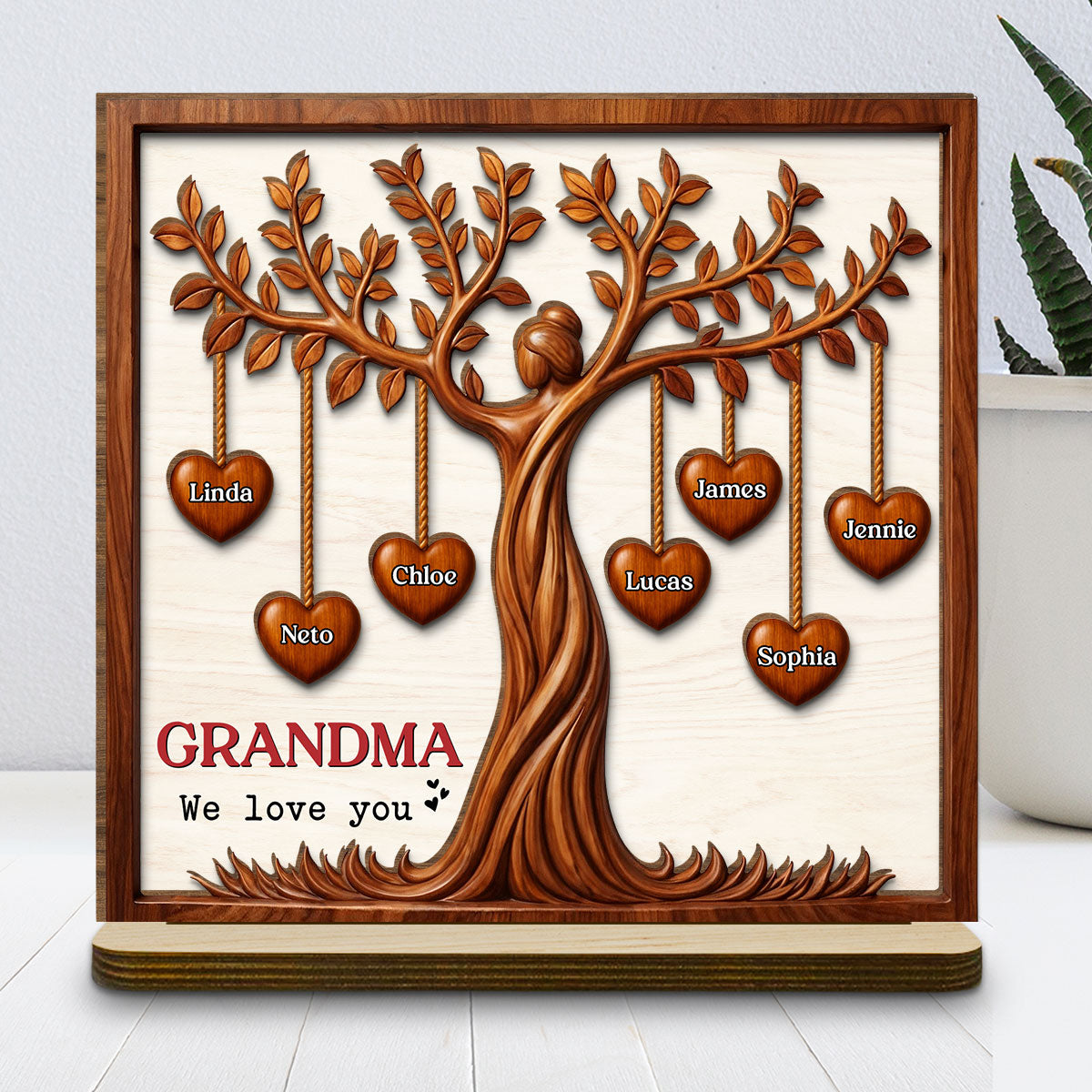 Custom Mother's Day Decor, Gift for Mom & Grandma • Hearts Tree - Personalized 2-Layer Wood Plaque With Flat Base