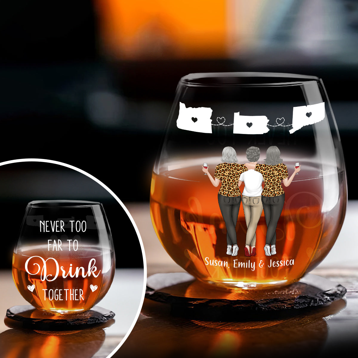 Never Too Far To Drink Wine Together - Personalized Wine Glass