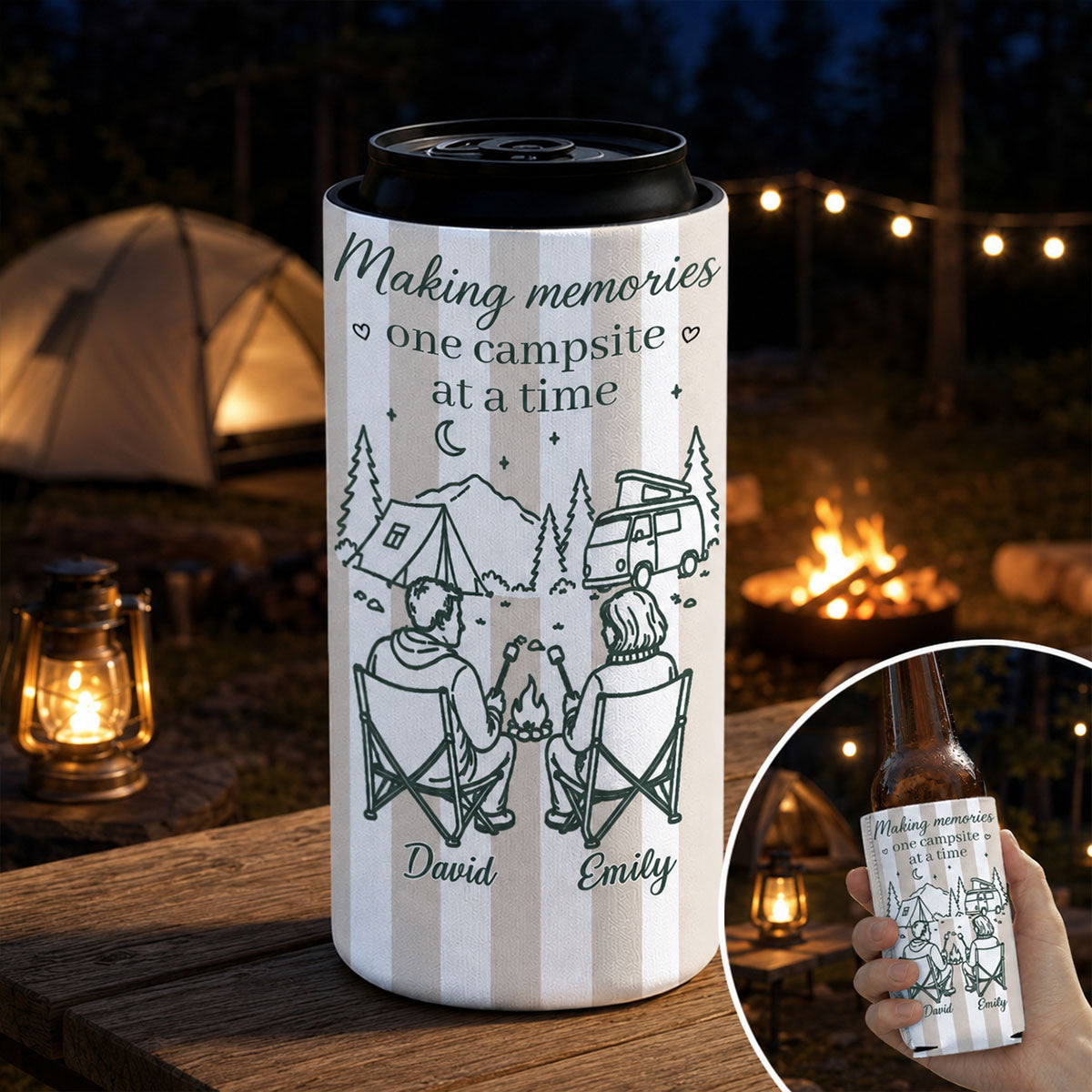 Custom Couple Skinny Can Cooler, Summer Anniversary Gift for Husband Wife, Camping Lovers • Camping Together - Personalized Skinny Can Cooler
