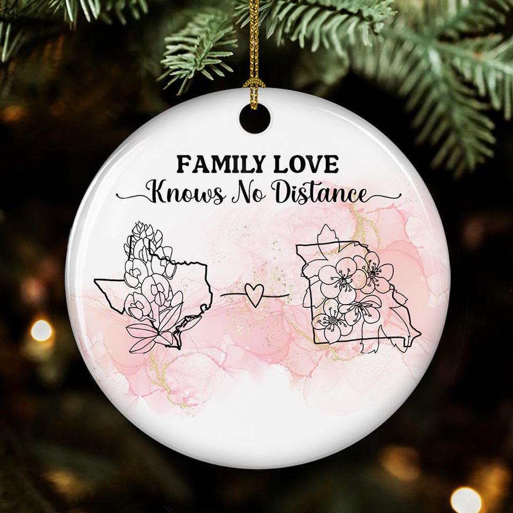 Custom Family Christmas Ornament for Long Distance Families •  Family Love Knows No Distance Floral Version - Personalized Circle Ceramic Ornament