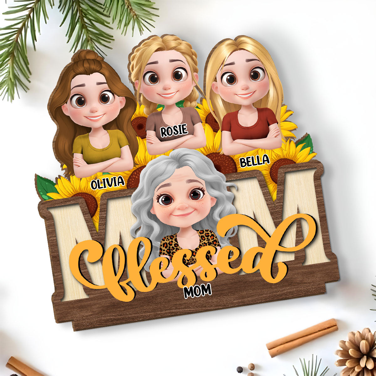 Custom Mother's Day Decor, Gift for Mom & Grandma • Blessed Mom - Personalized 2-Layer Wood Plaque With Flat Base