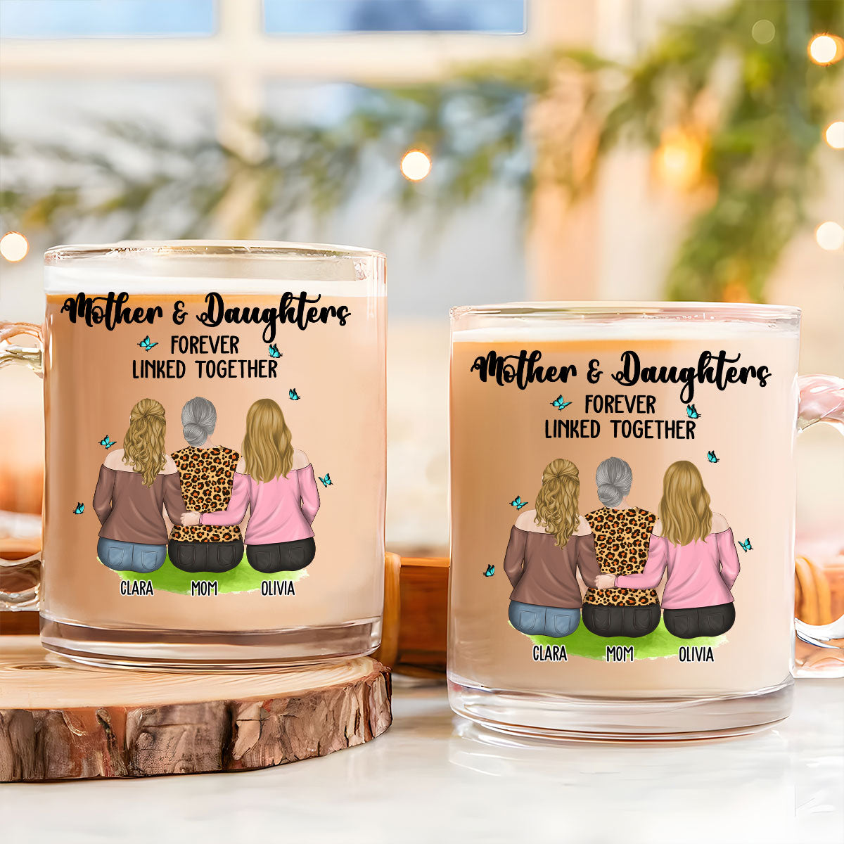 Custom Mother's Day Gift for Mom & Grandma • Mother And Daughter Connected By Love - Personalized Glass Mug