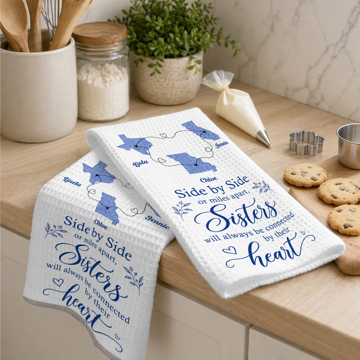 Custom Sister Kitchen Towel With Names, Birthday Christmas Gift For Sister Sibling • Side By Side Or Miles Apart - Personalized Kitchen Towel