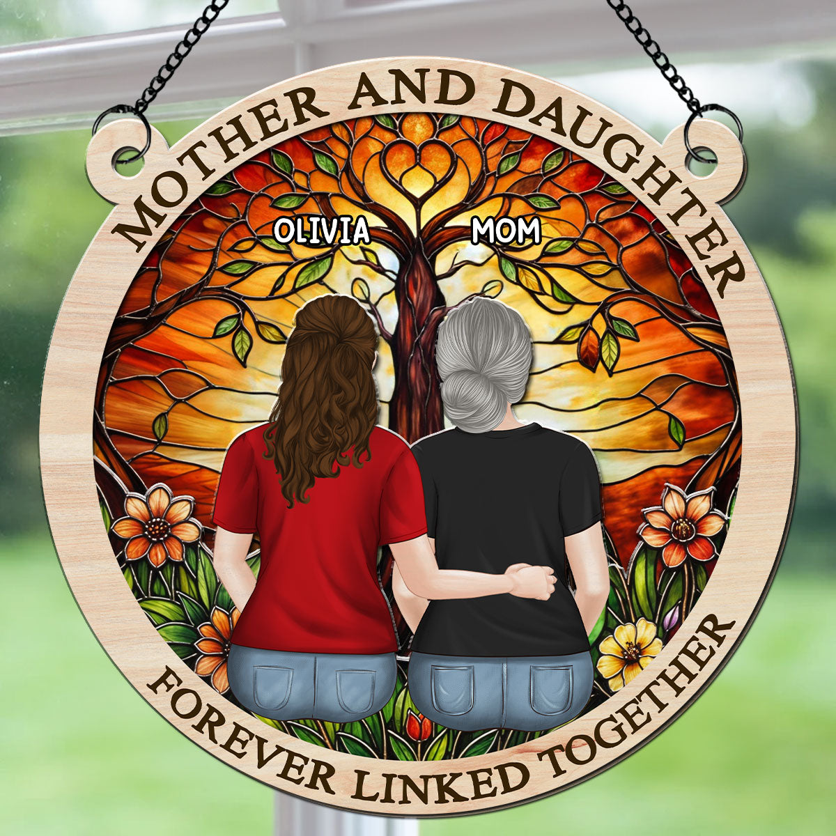Custom Hanging Decor for Mom Daughter, Mother's Day Birthday Gifts • Forever Linked Together - Personalized Suncatcher