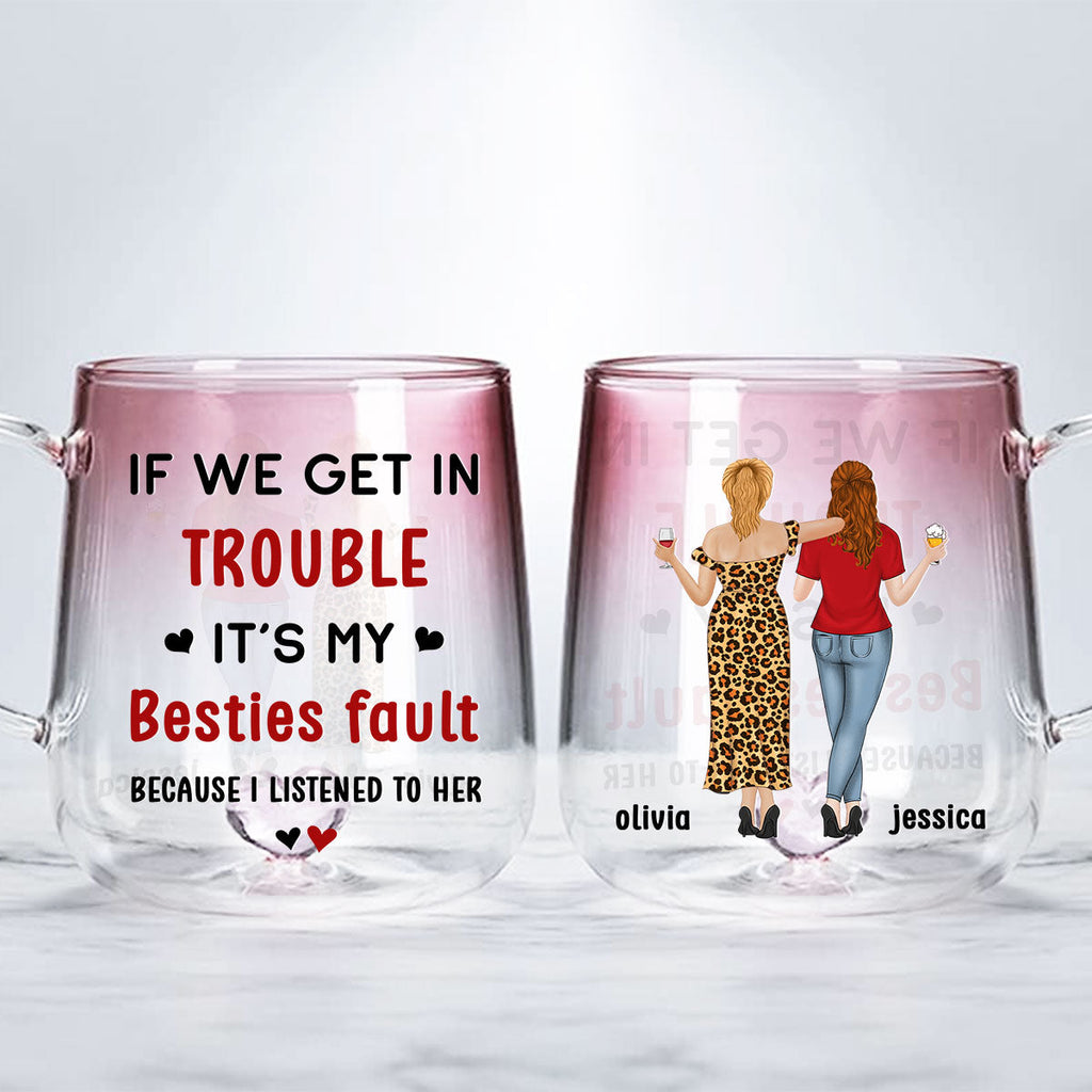 Custom Best Friend, Christmas & Birthday Friendship Keepsake Gift • Besties Fault - Personalized Pink Gradient Glass Mug