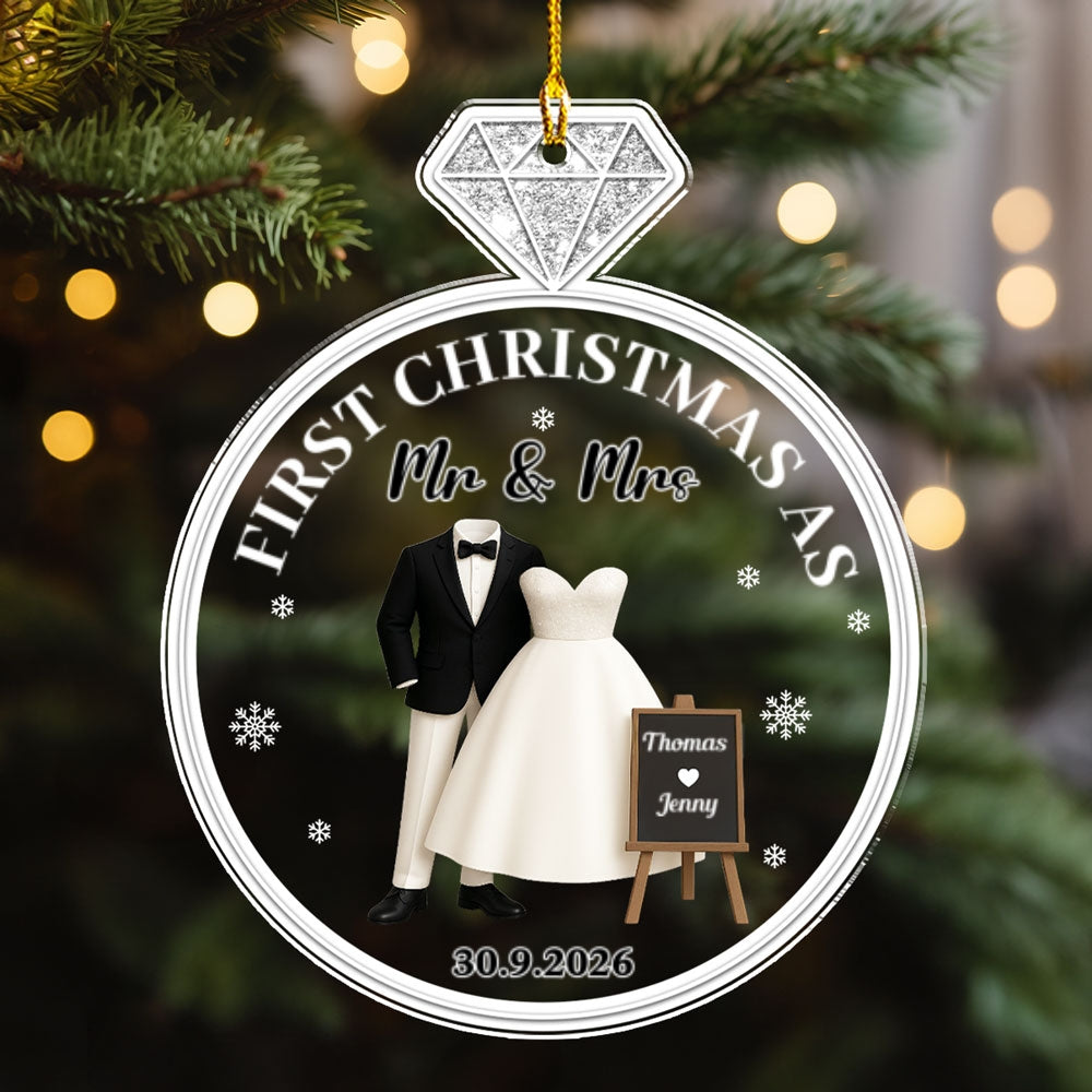 Custom First Christmas Ornament Married, Gift for Newlyweds •  First Christmas Married - Personalized Acrylic Ornament
