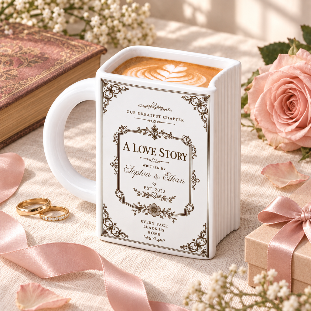 Custom Bookish Drinkware, Christmas Birthday Gift For Book Lovers • Custom Book Lover Drinkware, Romantic Gift For Couples • Together Is Our Favorite Chapter - Personalized Book Shaped Mug