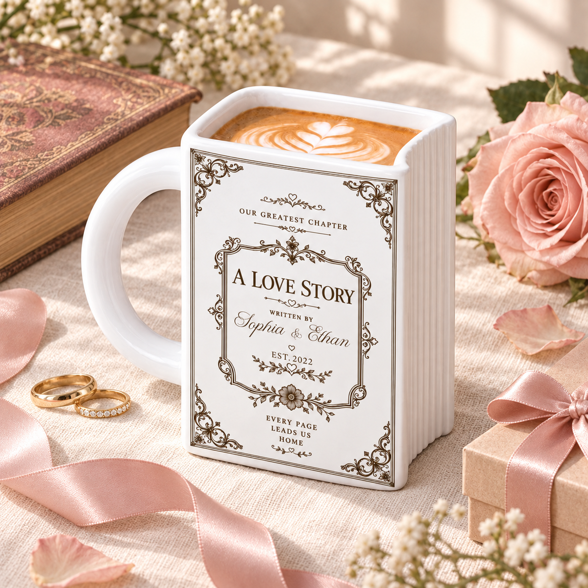 Custom Bookish Drinkware, Christmas Birthday Gift For Book Lovers • Custom Book Lover Drinkware, Romantic Gift For Couples • Together Is Our Favorite Chapter - Personalized Book Shaped Mug
