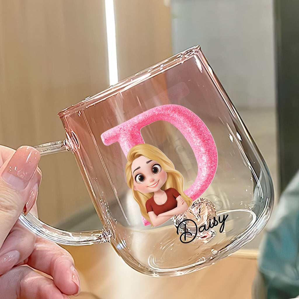 Custom Best Friend, Christmas & Birthday Friendship Keepsake Gift • Glitter Alphabet Cartoon - Personalized Pink Gradient Glass Mug