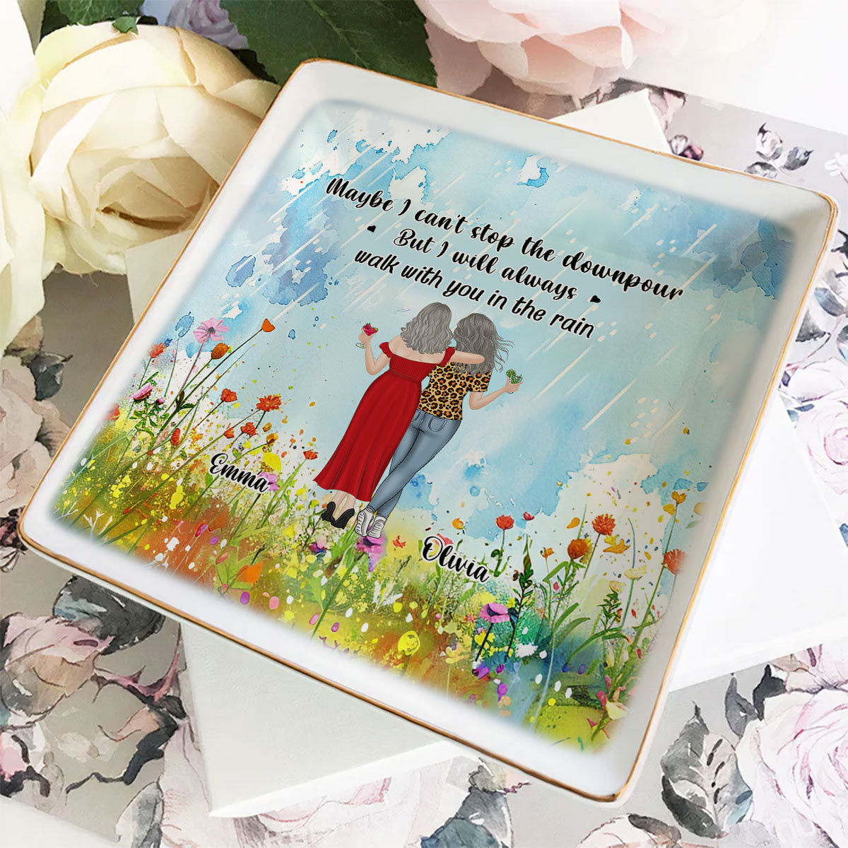 Custom Bestie Trinket Dish, Birthday Christmas Gift For Best Friend • Walk With You In The Rain - Personalized Jewelry Dish