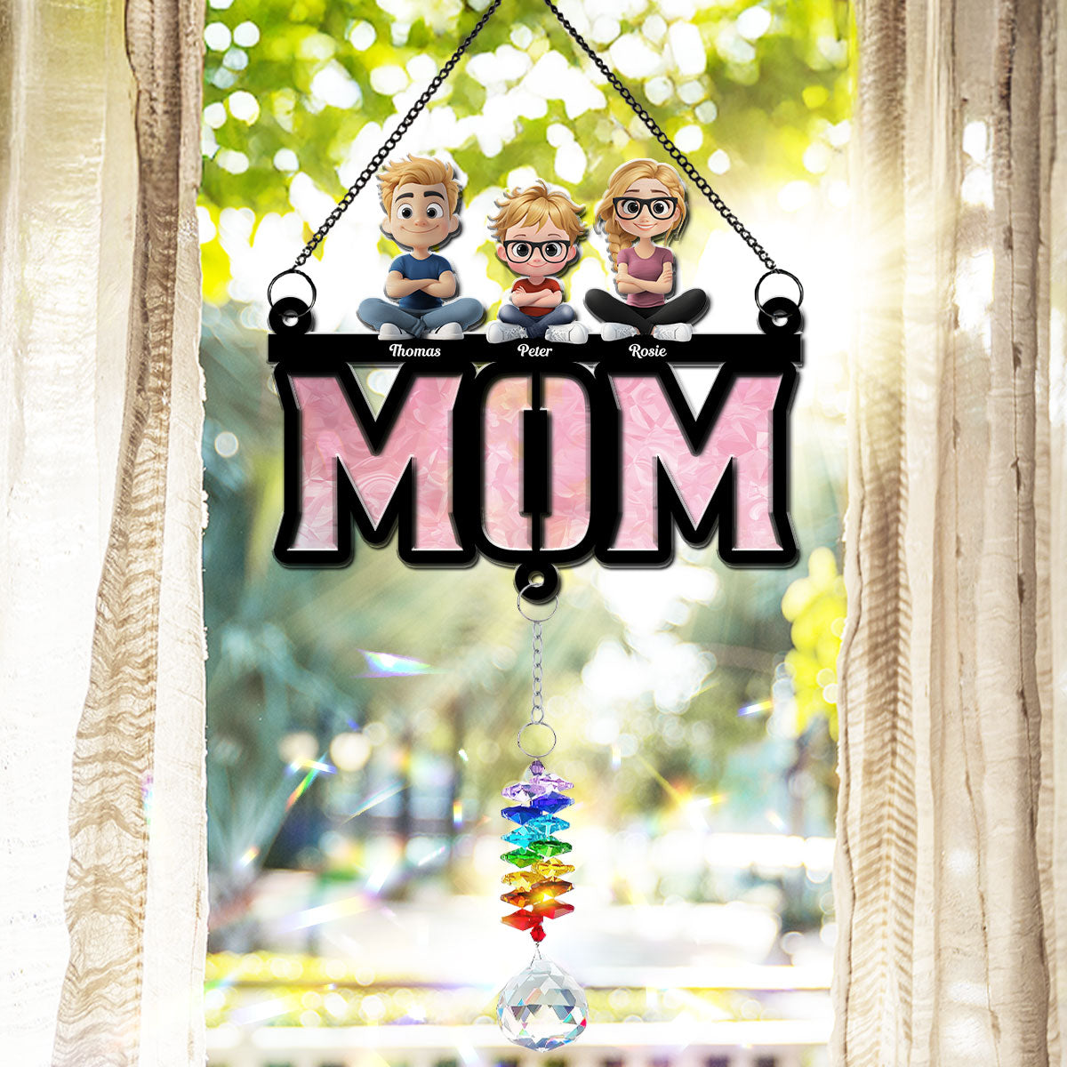 Custom Hanging Decor, Birthday Housewarming Gift • Mother Is Our Sunshine - Personalized Suncatcher With Crystal Rainbow Charm