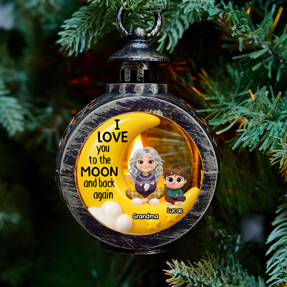 Custom Christmas Gifts for Grandma, Holiday Decor • Grandma And Grandkid On The Moon - Personalized Christmas Lantern