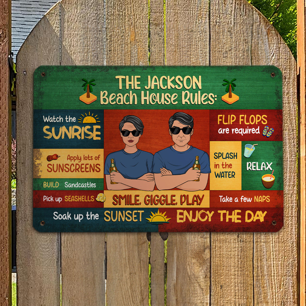 Custom Couple Anniversary Wall Decor Keepsake Gift • Beach House Rules - Personalized Metal Sign