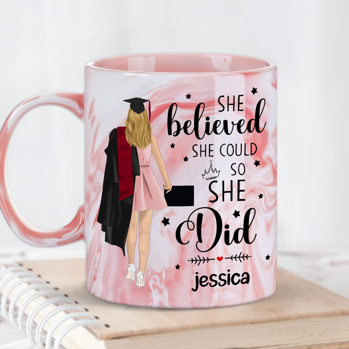 Custom Christmas & Birthday Keepsake Gift • She Believed She Achieved- Personalized Pink Marble Mug