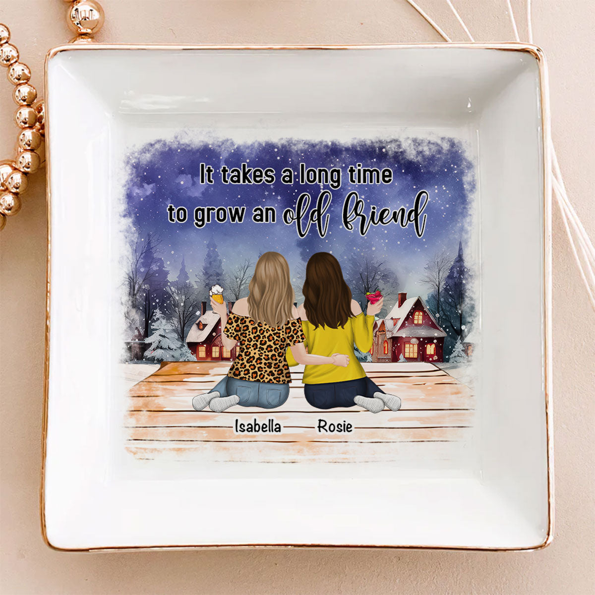 Custom Bestie Trinket Dish, Birthday Christmas Gift For Best Friend • Grow An Old Friend - Personalized Jewelry Dish