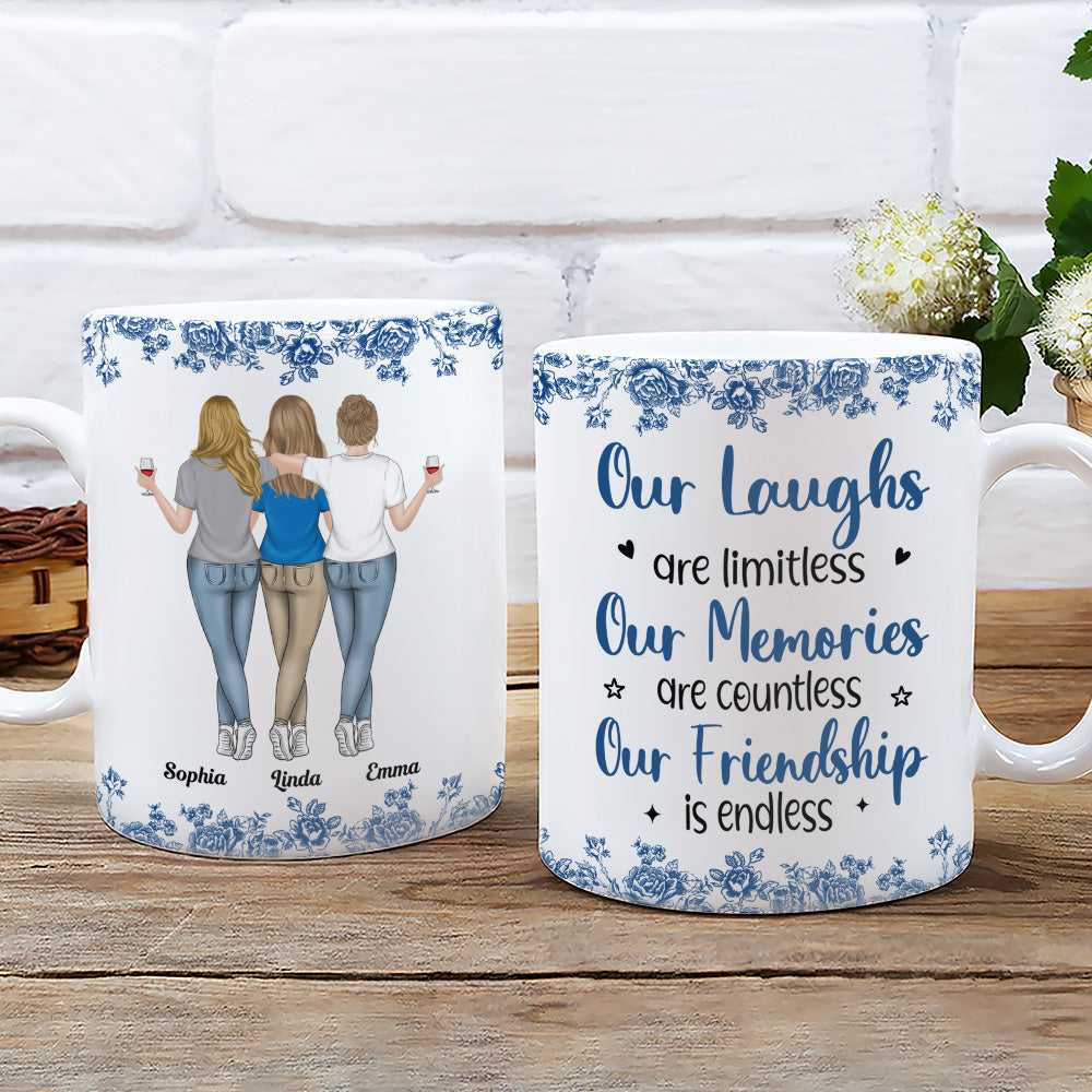 Custom Best Friend, Christmas & Birthday Friendship Keepsake Gift • Our Laughs Are Limitless Blue Toile - Personalized Coffee Mug