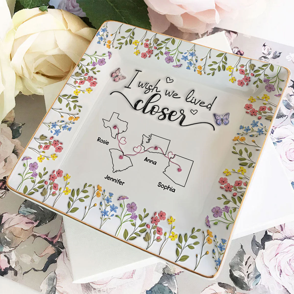 Custom Bestie Trinket Dish, Birthday Christmas Gift For Best Friend • I Wish We Lived Closer Floral Version - Personalized Jewelry Dish