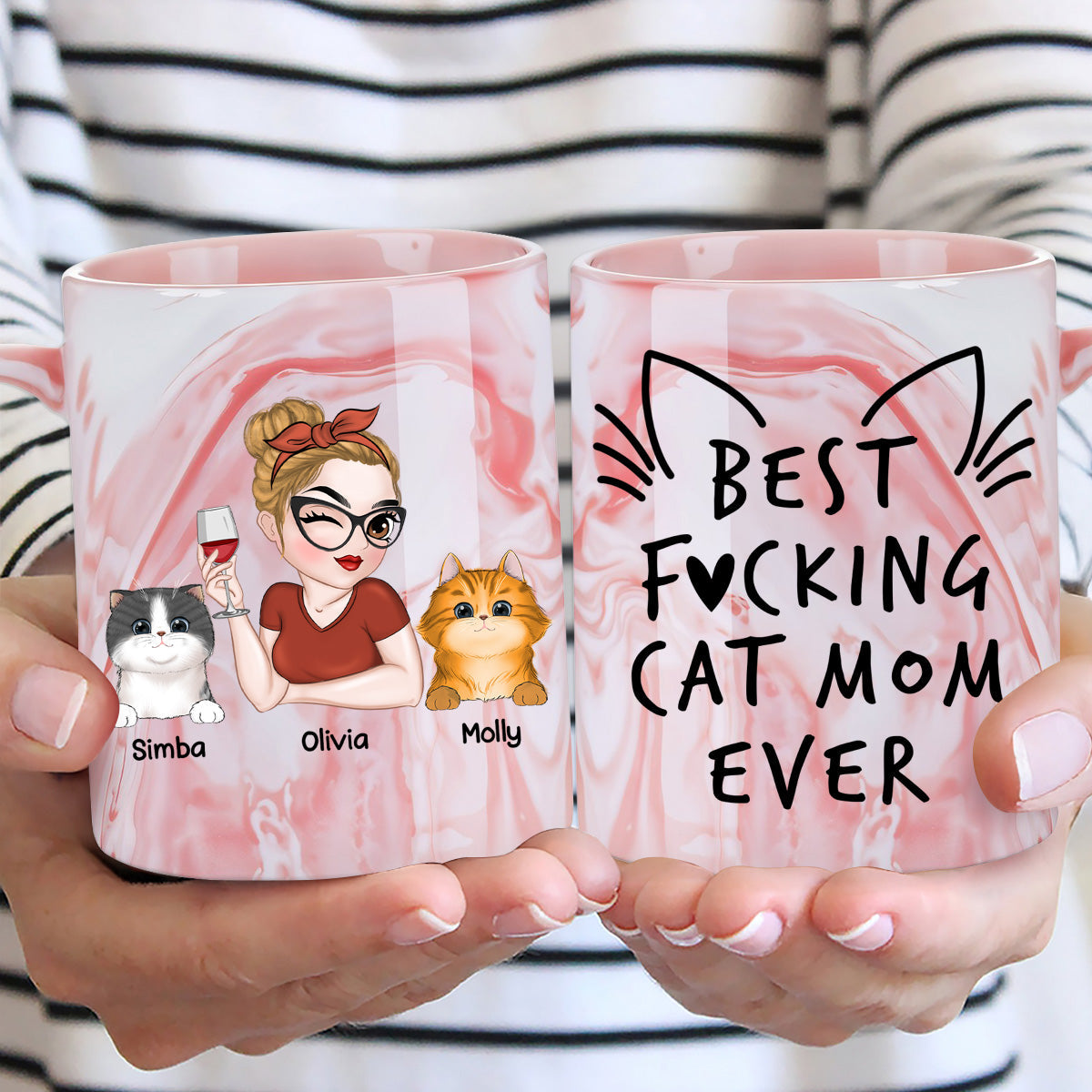 Custom Christmas & Birthday Keepsake Gift • Best Cat Mom Ever - Personalized Pink Marble Mug