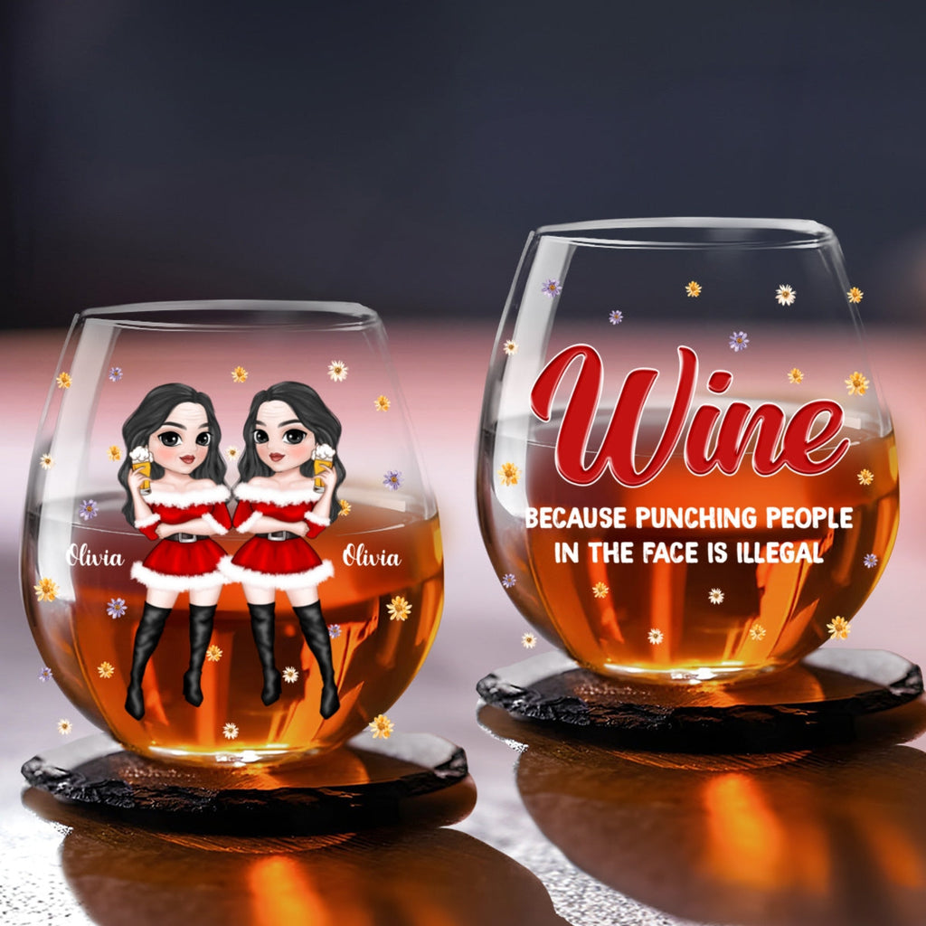 Punching People In The Face Is Illegal - Personalized Wine Glass