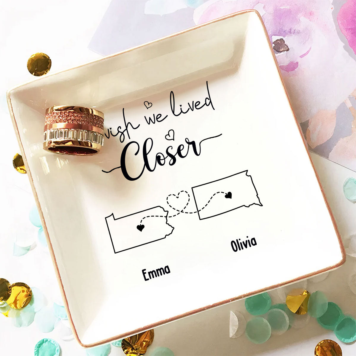 Custom Bestie Trinket Dish, Birthday Christmas Gift For Best Friend • I Wish We Lived Closer - Personalized Jewelry Dish