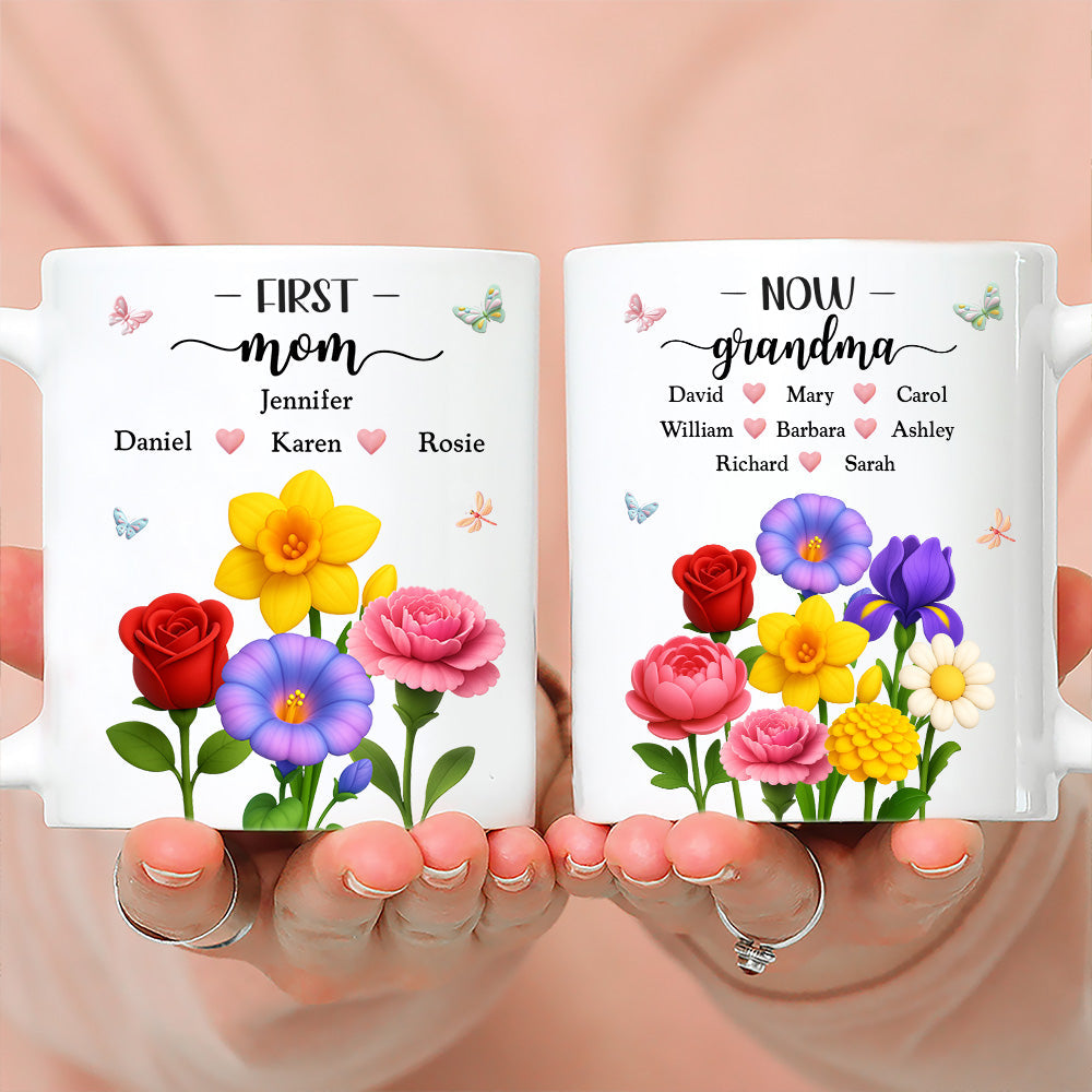 Custom Christmas & Birthday Gift For Grandma • First Mom Now Grandma Floral - Personalized Coffee Mug