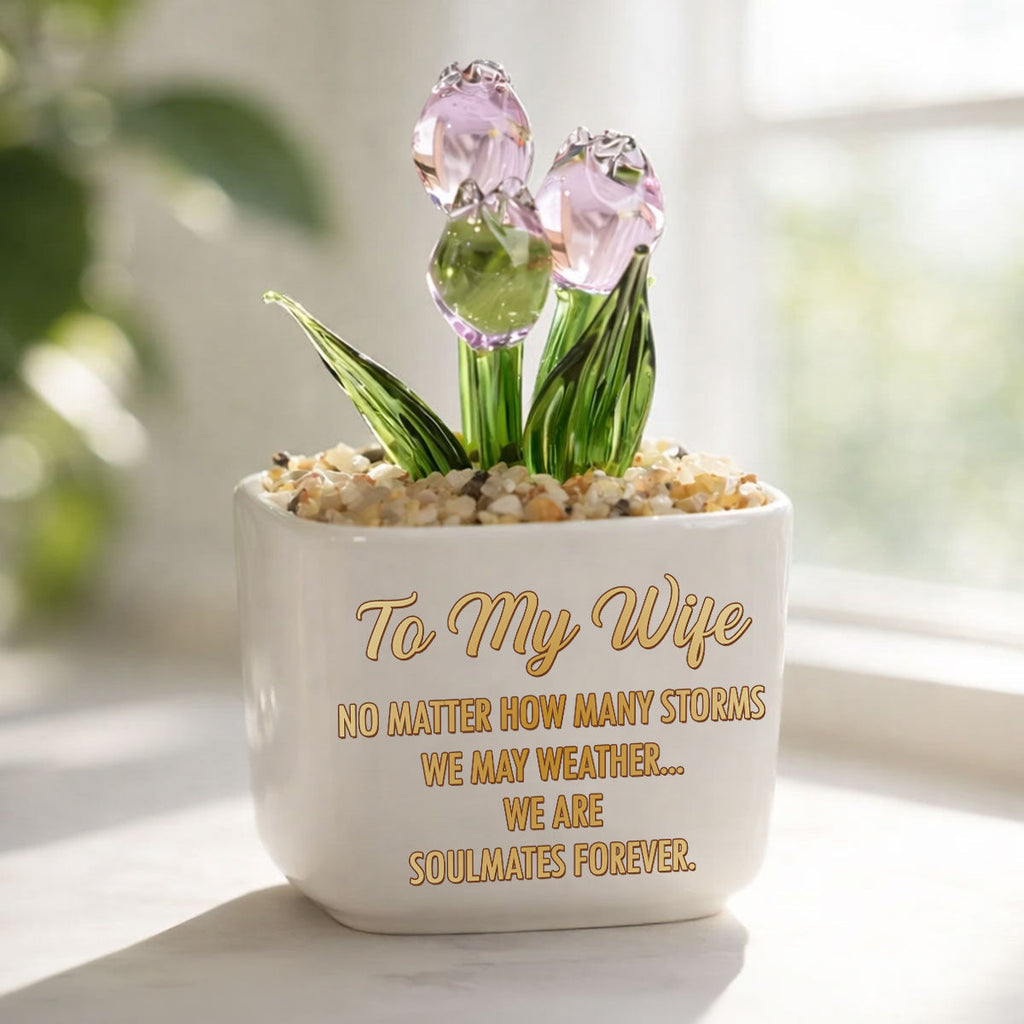 Custom Glass Flower Keepsake, Romantic Anniversary Gift for Wife • Soulmates Forever - Personalized Glass Everlasting Tulips