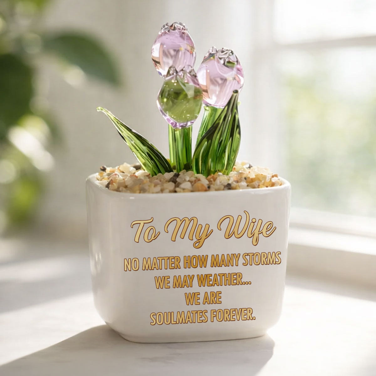 Custom Glass Flower Keepsake, Romantic Anniversary Gift for Wife • Soulmates Forever - Personalized Glass Everlasting Tulips