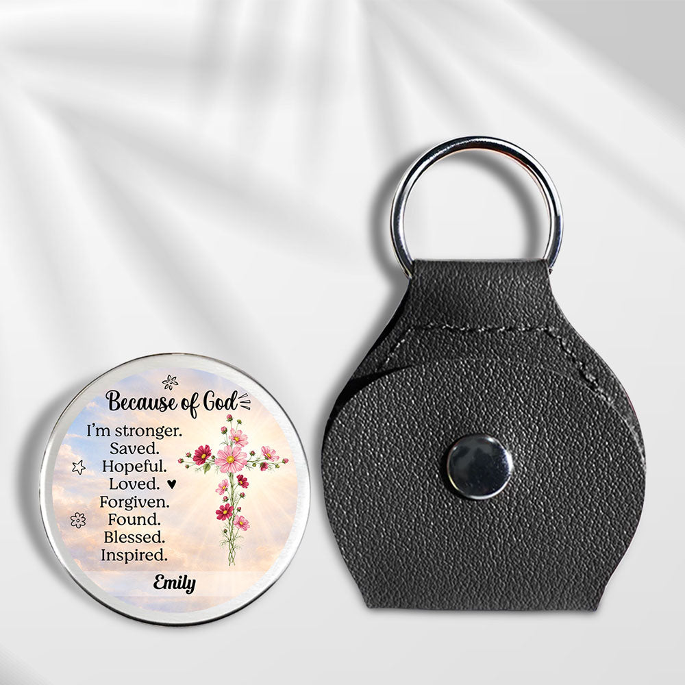 Custom Christian Coin Keychain, Faith Keepsake • Stronger Because Of God - Personalized 3D Effect Pocket Hug