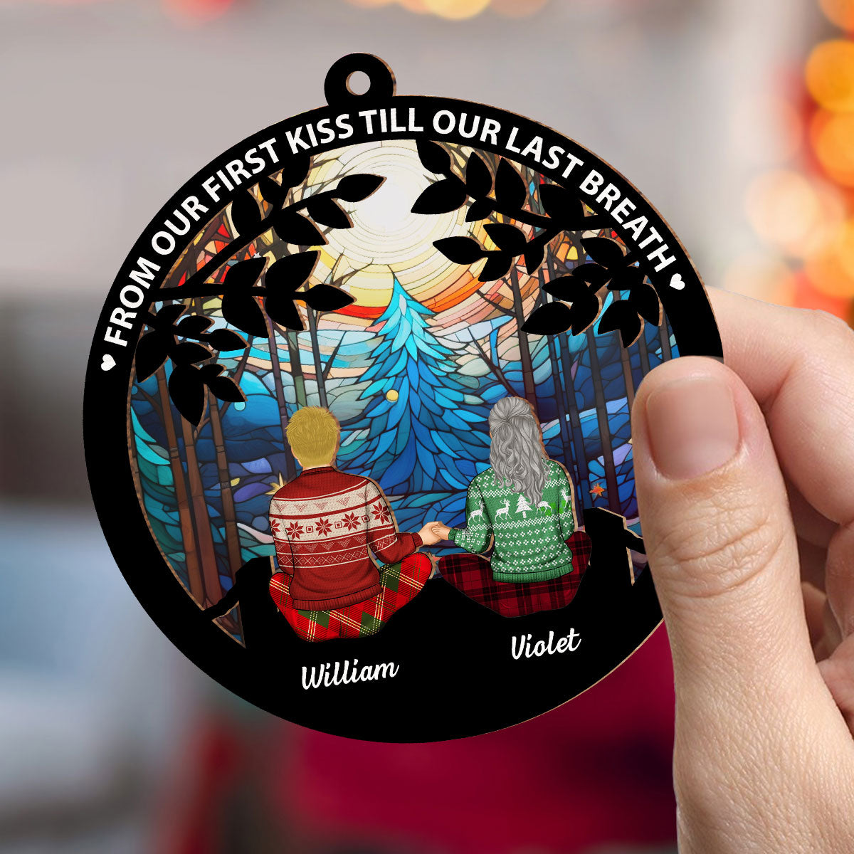 Custom Couple Christmas Ornament, Anniversary Gift •  I Love You To The Moon And Back - Personalized Suncatcher Ornament