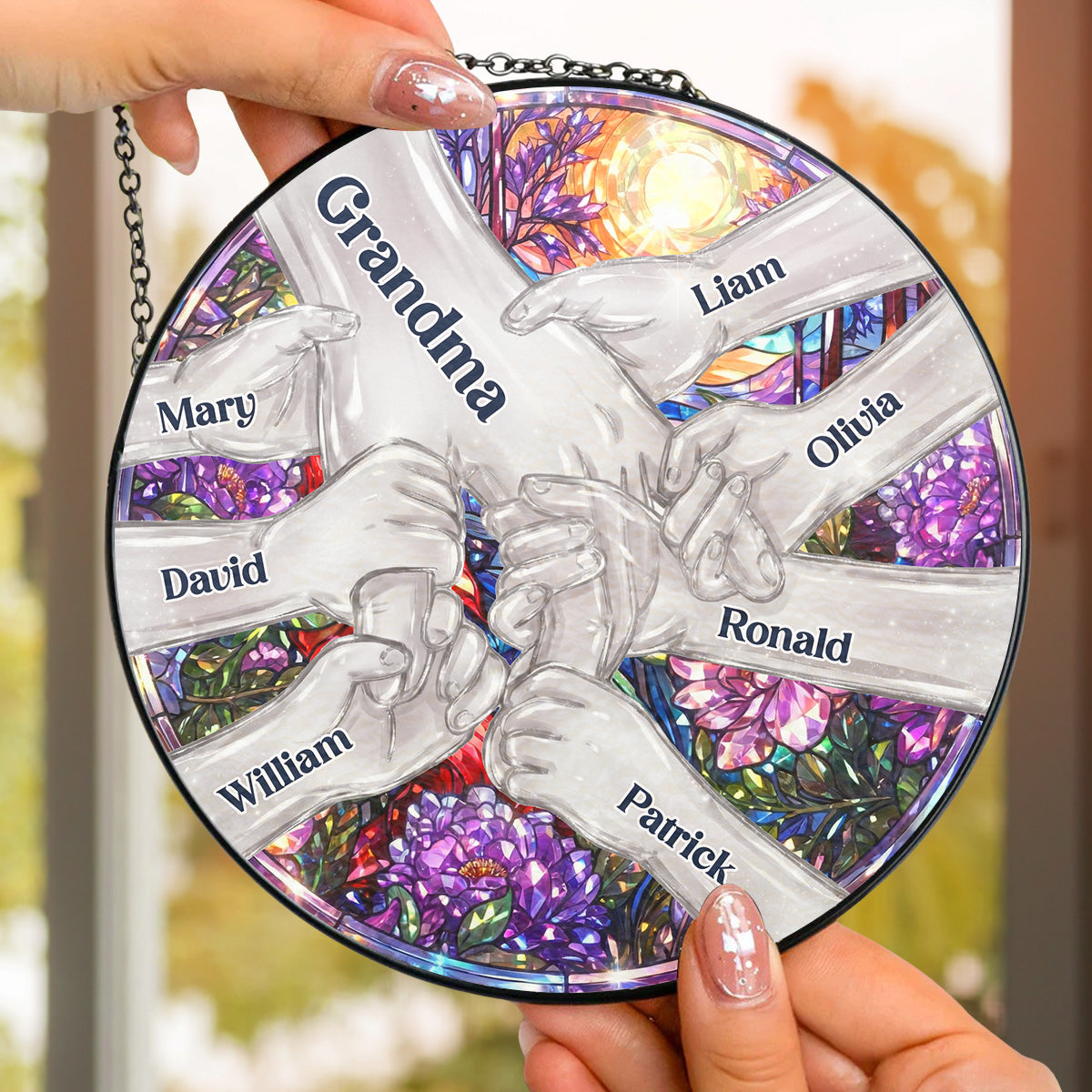 Custom Name Grandma Hanging Decor, Mother's Day Birthday Gifts • Hold Our Hands And Our Hearts 2 - Personalized Window Hanging Suncatcher