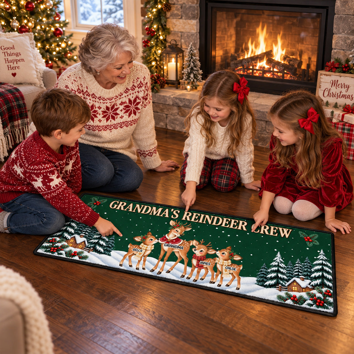 Custom Family Name Rug, Housewarming Birthday Gift For Family Members • Reindeer Winter Love - Personalized Runner Rug