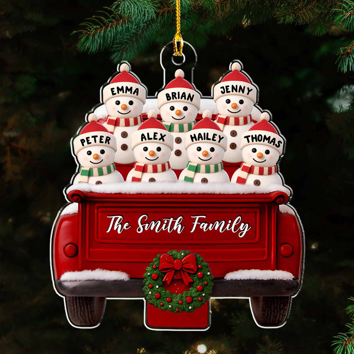 Custom Family Ornament, Christmas Gift for Family Members •  Red Truck Snowman Family - Personalized Acrylic Ornament