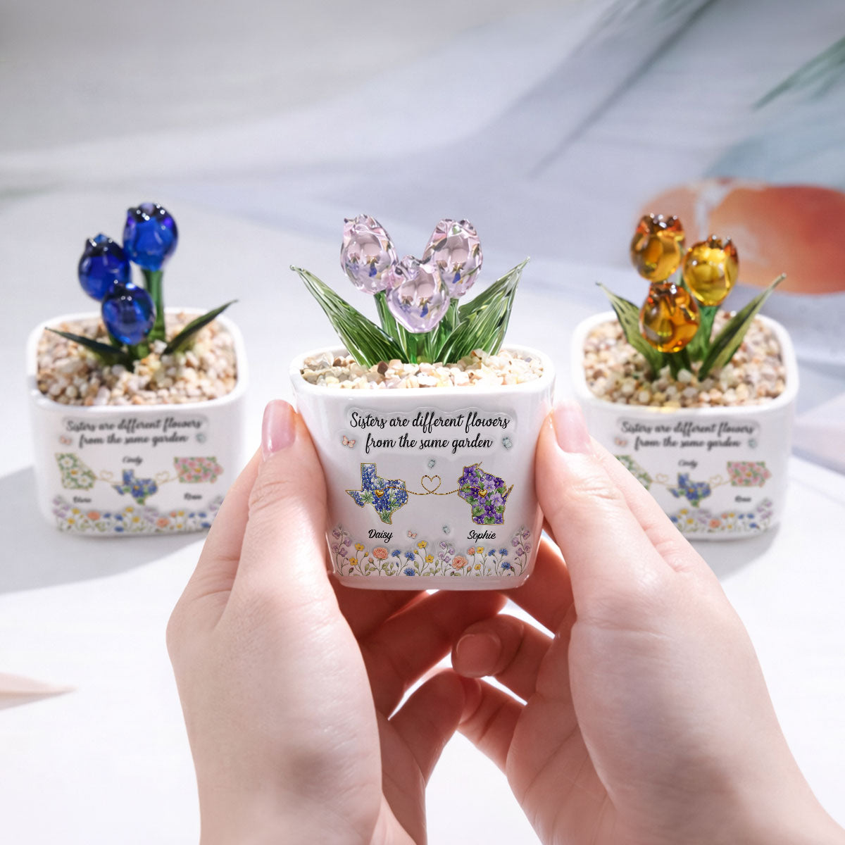 Custom Flower Keepsake, Glass Home Decor Gift for Soul Sister • Different Flowers Forever Connected - Personalized Glass Everlasting Tulips
