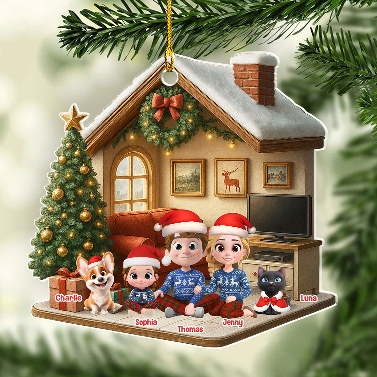 Custom Family Ornament, Christmas Gift for Family Members •  Under A Happy Roof With Them - Personalized 3D Effect Acrylic Ornament