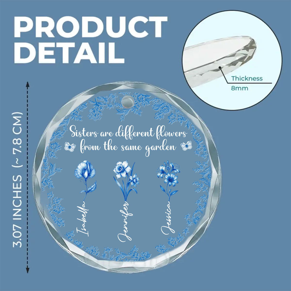 Custom Keepsake Christmas Ornament •  Bestie Flowers Toile De Jouy Style - Personalized Glass Ornament