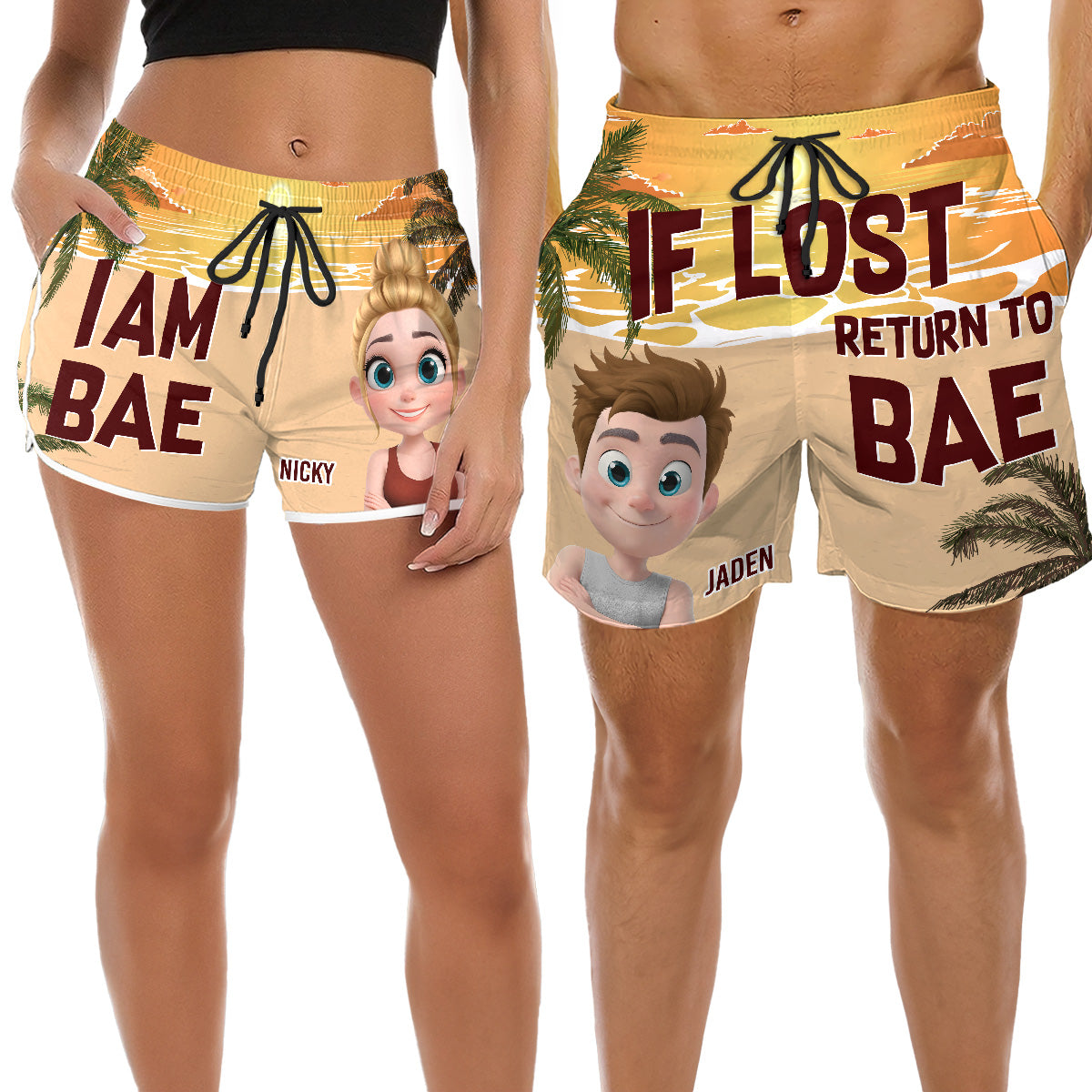 Custom Couple Swim Trunks, Birthday & Summer Gift • Lost In The Sunshine - Personalized Couple Beach Shorts