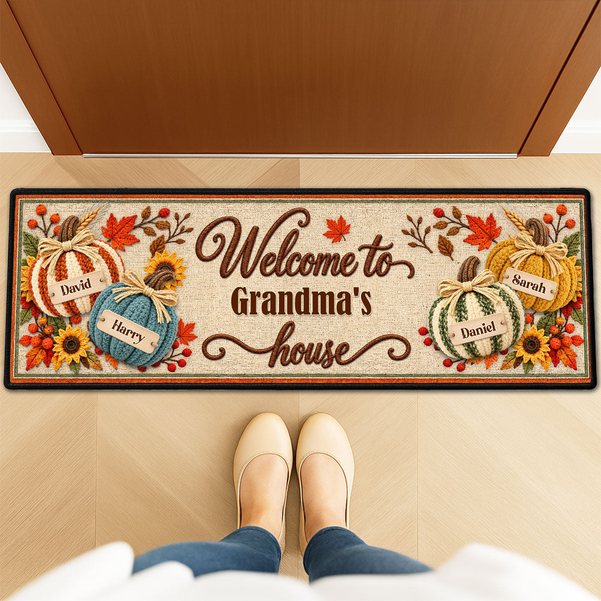 Custom Family Name Rug, Housewarming Birthday Gift For Family Members • Pumpkins Welcome - Personalized Runner Rug