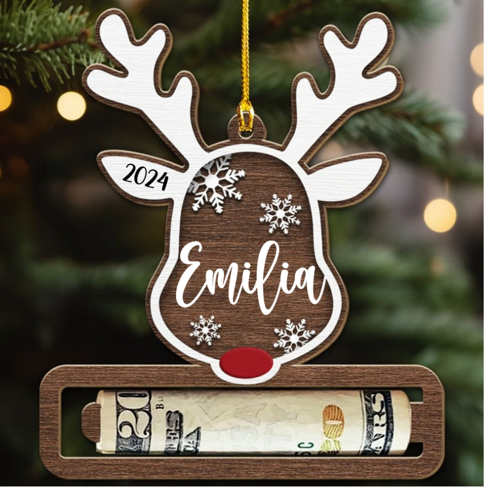 Custom Family Ornament, Christmas Gift for Family Members •  Christmas Reindeer - Personalized Money Holder Wood Ornament