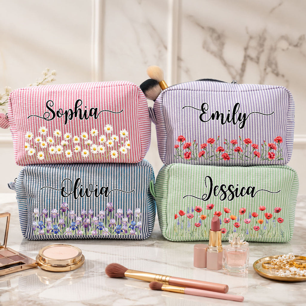Custom Birth Flower & Name For Her, Daughter, Sister, Friends • Born To Bloom - Personalized Seersucker Print Makeup Bag