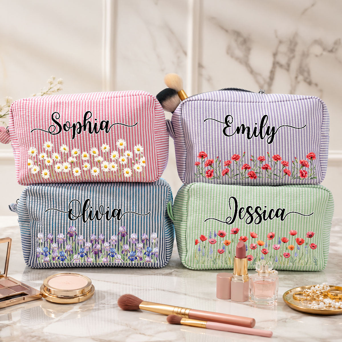 Custom Birth Flower & Name For Her, Daughter, Sister, Friends • Born To Bloom - Personalized Seersucker Print Makeup Bag